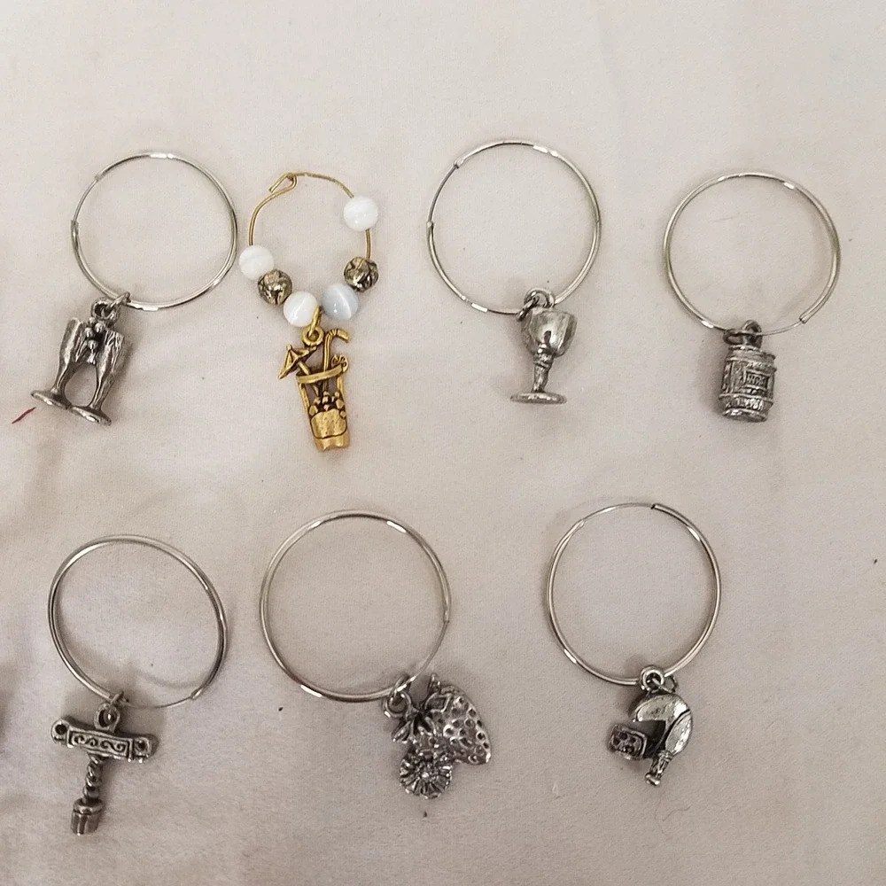 Wine themed Glass Charms Mixed Colors Excellent Beaded‎ Metal 9pc Set